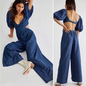 Free People Amy Denim Wide-Leg Jumpsuit with Puff Sleeves